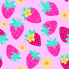 cute neon strawberries and flowers seamless pattern, flat illustration