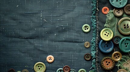 Colourful assorted buttons on a distressed blue textile background.