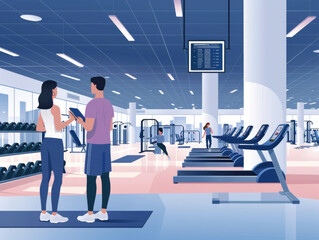 Obraz premium Illustration of a nutrition coach and client discussing meal plans inside a gym with equipment and workout areas in the background.