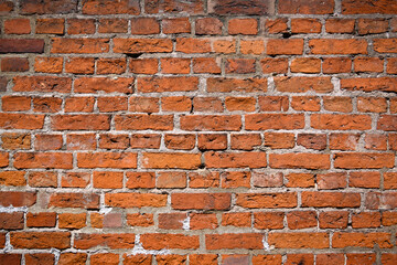 Brick wall of red color, old red brick wall texture background.