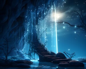 Fantasy landscape with stairs leading to the moon. 3d illustration