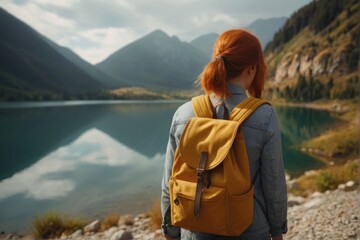 Red haired tourist girl with yellow backpack, back view, background amazing stunning landscape, travel concept, hiking, hiking.