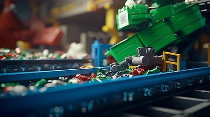 A close up of a recycling machine sorting plastic waste in a recycling factory, with a backdrop of conveyor belts.