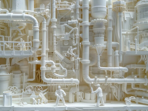 Illustration of two miniature plumbers fixing a complex network of origami pipes on a white background.