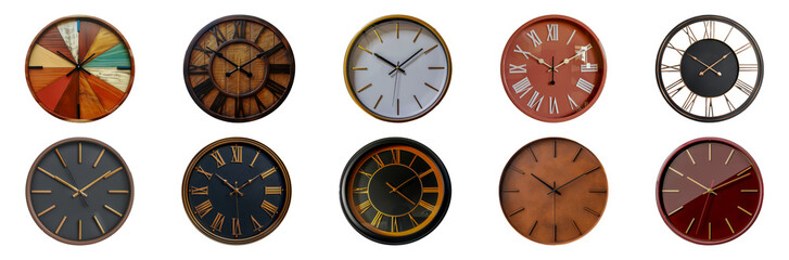 Assorted modern wall clocks cut out png on transparent background