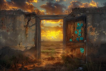Weather-Worn Rustic Doorway in Hot Climate with Turquoise Art Highlights, Bathed in Golden Sunset Light