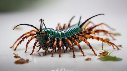 Vibrant green centipede with metallic sheen captured mid-crawl, its numerous orange legs splayed out, showcasing creatures agility, flexibility. Each segment of body clearly defined, reflecting light.
