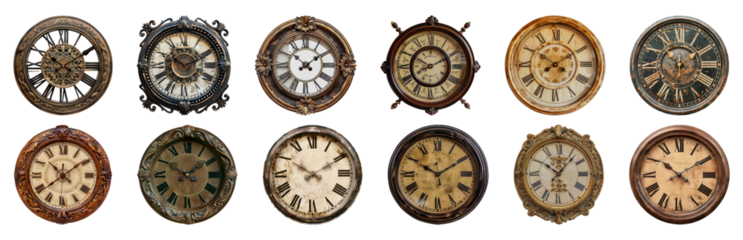 Antique wall clocks collection with Roman numerals cut out png on transparent background