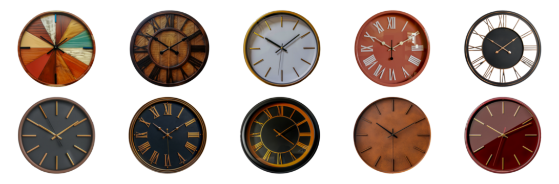 Assorted modern wall clocks cut out png on transparent background