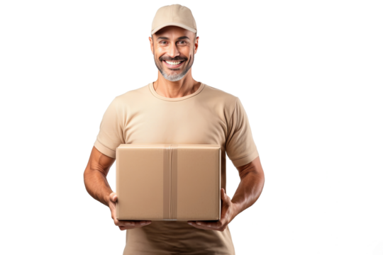 Happy caucasian delivery man