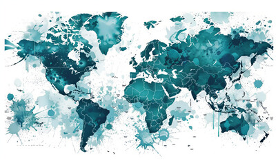 Artistic World Map with Splashes of Teal and Dark Blue Ink