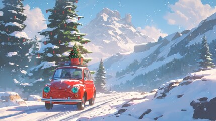 A red car adorned with a festive Christmas tree joyously welcoming the New Year amidst a picturesque snowy winter scene