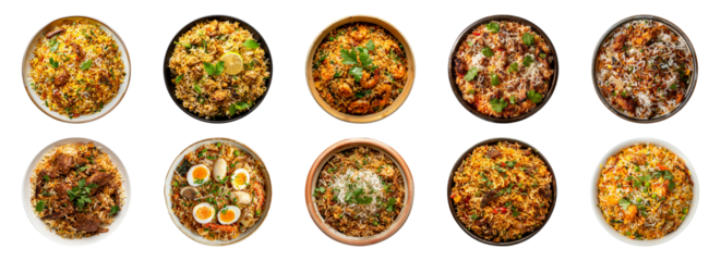 Assorted biryani dishes with chicken, shrimp, and boiled eggs cut out png on transparent background