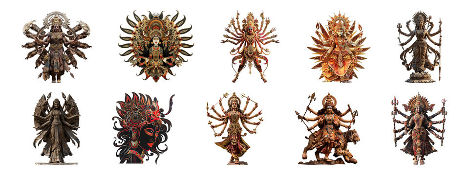 Intricate statues of Goddess Durga in various artistic interpretations cut out png on transparent background
