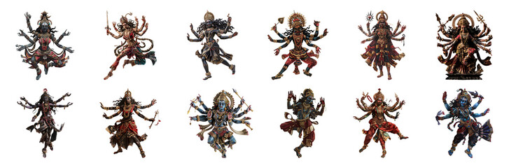 Majestic statues of Goddess Kali in dynamic poses cut out png on transparent background