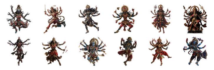 Majestic statues of Goddess Kali in dynamic poses cut out png on transparent background
