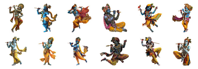 Diverse depictions of Lord Krishna in vibrant statues cut out png on transparent background