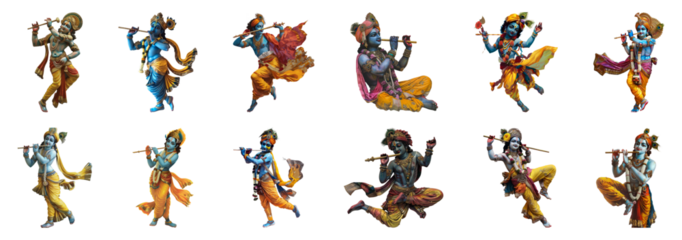 Diverse depictions of Lord Krishna in vibrant statues cut out png on transparent background