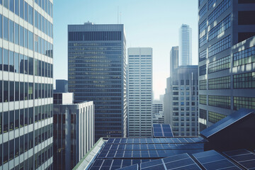 Solar panels atop a modern building, integration of renewable energy in urban architecture