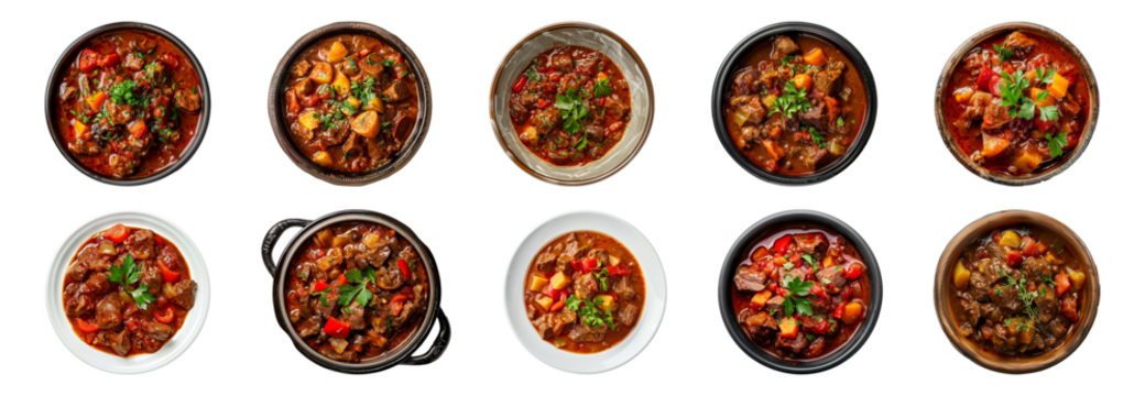 Hearty traditional goulash with beef and vegetables cut out png on transparent background