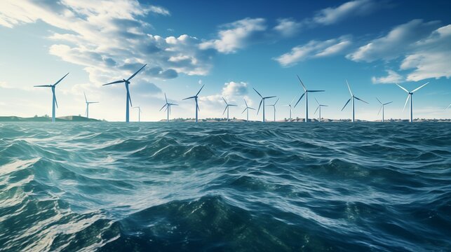 A photo of an offshore wind farm with turbines in the ocean.