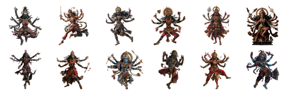 Majestic statues of Goddess Kali in dynamic poses cut out png on transparent background
