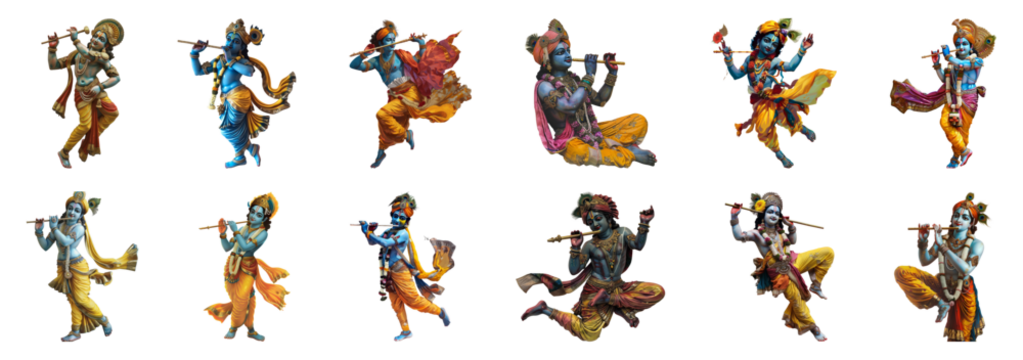 Diverse depictions of Lord Krishna in vibrant statues cut out png on transparent background