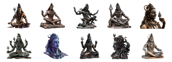 Statues of lord Shiva in various poses cut out png on transparent background