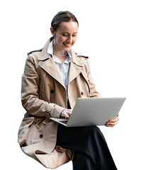 Woman working using laptop, cut out background