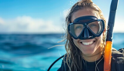 Smiling Female Diver Ready for Underwater Adventure, Tropical Scuba Diving Experience, Copy Space - obrazy, fototapety, plakaty