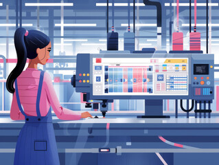 Illustration of a woman operating a modern sewing machine in a textile factory.