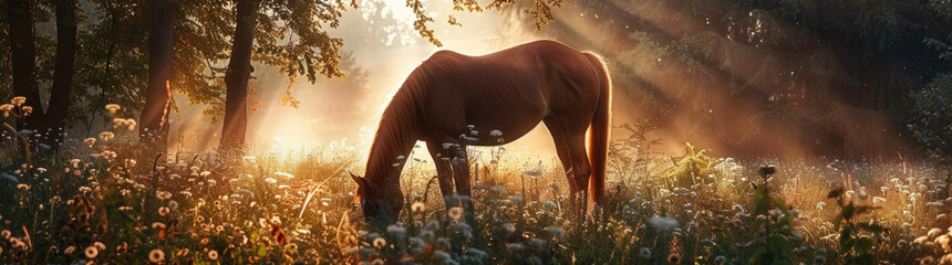 A horse peacefully grazing in a field filled with colorful flowers on a sunny day - obrazy, fototapety, plakaty