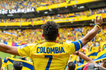 Colombian football soccer fans in a stadium supporting the national team, view from behind, Los Cafeteros
