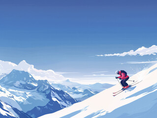 Illustration of a ski instructor teaching on a snowy mountain under a clear blue sky.