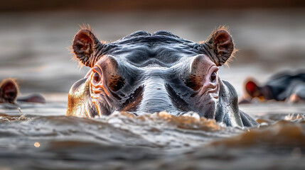 hippopotamus hippo looking out of the water facing camera