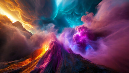 Creative and colorful volcano art backdrop.