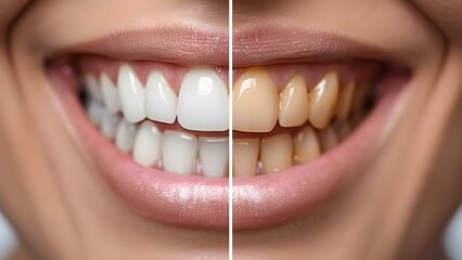 Before and after teeth whitening for a transformed smile by a dentist. Concept Teeth Whitening, Dentist Visit, Smile Transformation, Before and After Results, Oral Care