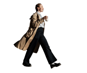 Drinking coffee, a woman smiling going to work, a cut-out background
