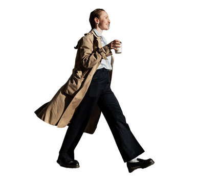 Drinking coffee, a woman smiling going to work, a cut-out background