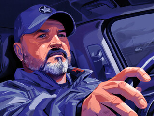 Vector illustration of a focused taxi driver at the wheel, isolated on white background. - obrazy, fototapety, plakaty