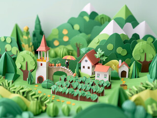 A colorful paper art scene with a castle, houses, trees, and mountains, crafted in an origami style.