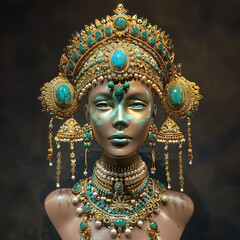A mannequin bust with gree eyes adorned with opulent jewelry. The jewelry consists of a golden headpiece with a central turquoise gemstone