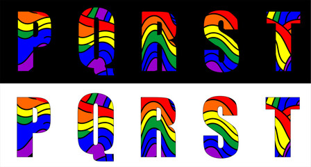 Vector lgbt font on background 
abstract pattern in rainbow colors.
Set of letters of english alphabet PQRST with
ornament of wavy stripes for
clothing, fabric, textile, paper, inscription on t shirt.