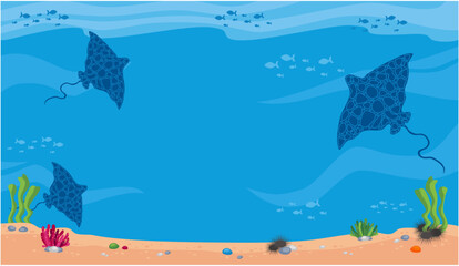 background with whale, algae, fish, coral, sea urchin and starfish stingrays, manta rays