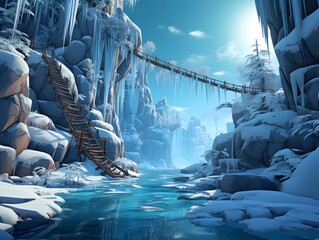 Fantasy winter landscape with frozen waterfall and wooden bridge. 3d illustration
