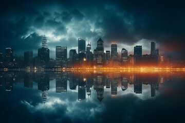 Futuristic city skyline with clouds reflected in water