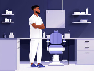 Vector illustration of a barber standing next to a chair in a barbershop, with arms crossed.