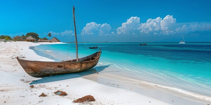 Old wooden boat by the shore in Zanzibar