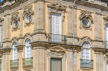 REAL SITIO DE SAN ILDEFONSO, SPAIN - OCTOBER 13, 2019: Detail of the Royal Palace of La Granja de San Ildefonso, an 18th-century palace in the small town of San Ildefonso, central Spain