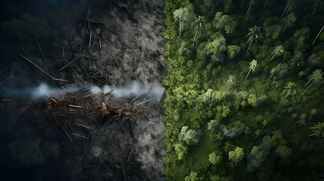 Deforest environmental problem, aerial split image from above top view,logging of rain forest.